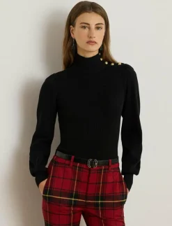 Kvinnor Lauren Ralph Lauren Stickat|Button-Trim Mockneck Sweater - Polotröjor