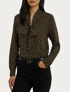 Lauren Ralph Lauren Chain-Print Crepe Tie-Neck Blouse - Långärmade|Kvinnor Blusar & Skjortor