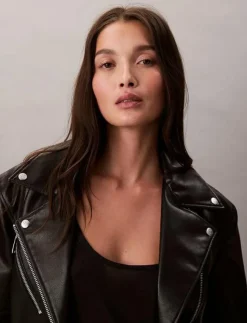 Kvinnor Calvin Klein Jeans Jackor & Kappor|FAUX LEATHER MOTO JACKET W/BELT - Skinnjackor