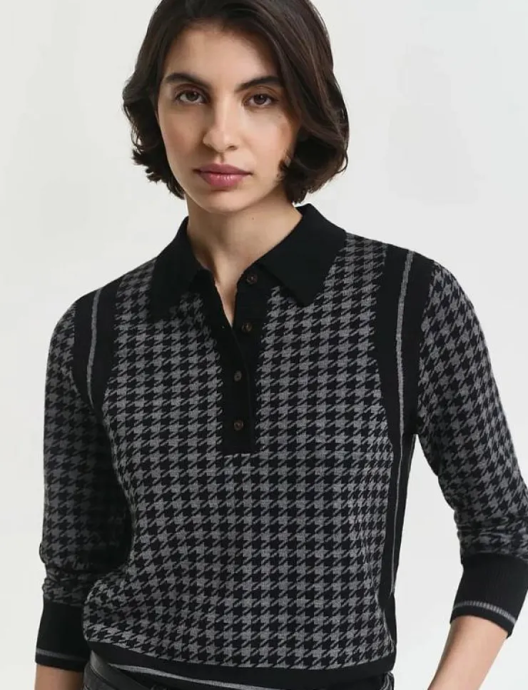 Kvinnor GANT Plus Size & Curvy|Stickat|HOUNDSTOOTH JACQUARD POLO - Stickat