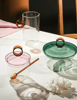 Muurla Loop sockerburk med lock och sked 14 cm, klar/rosa/bärnsten - Förvaringsburkar| Köksförvaring