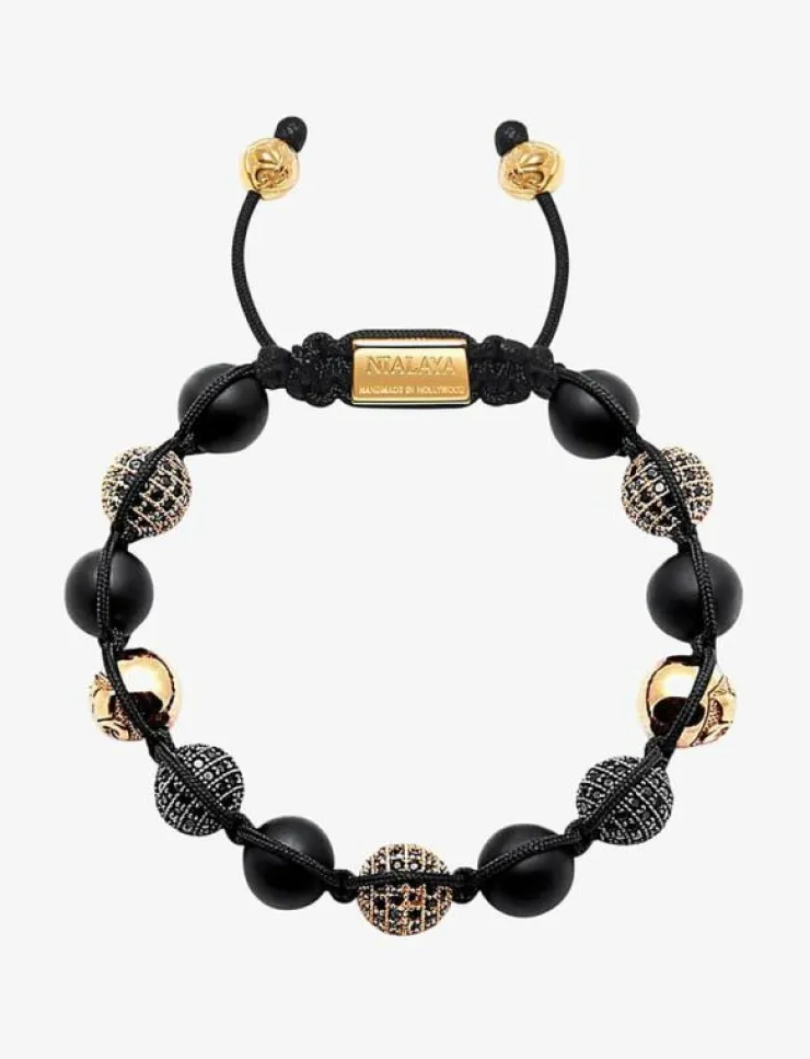Nialaya Smycken|Men's Beaded Bracelet with Matte Onyx and Black/Gold CZ Diam - Armband