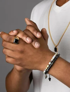 Nialaya Smycken|Men's Golden Brick Signet Ring with Agate - Ringar
