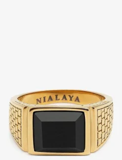 Nialaya Smycken|Men's Golden Brick Signet Ring with Agate - Ringar