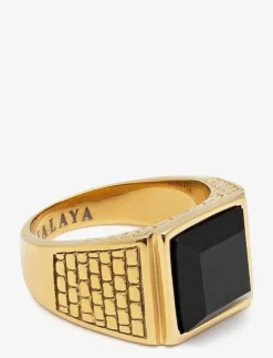 Nialaya Smycken|Men's Golden Brick Signet Ring with Agate - Ringar