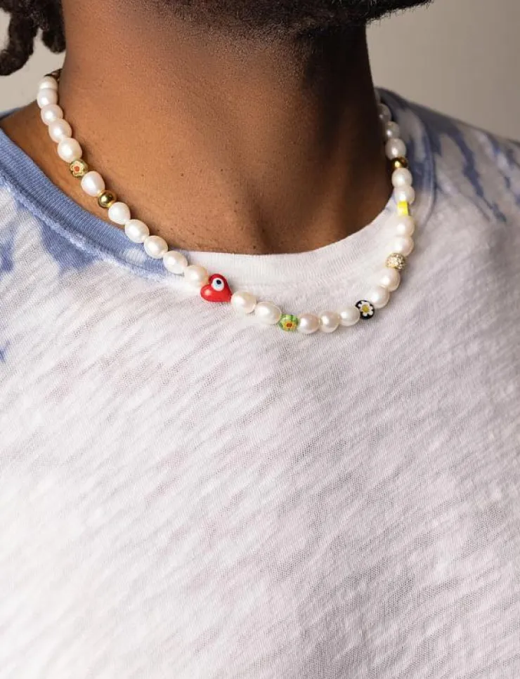 Nialaya Men's Smiley Face Pearl Choker with Assorted Beads - Halsband| Smycken