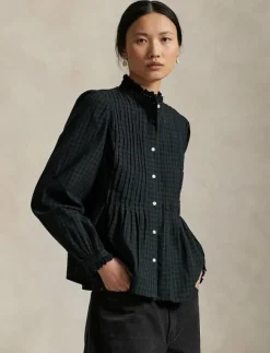 Kvinnor Polo Ralph Lauren Blusar & Skjortor|Pintucked Plaid Cotton Shirt - Långärmade