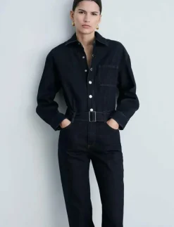 Kvinnor Mango Jumpsuits|Rinse-wash denim jumpsuit with belt - Jumpsuits