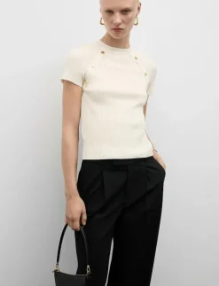 Mango Short-sleeved ribbed sweater with buttons - Stickat|Kvinnor Kläder