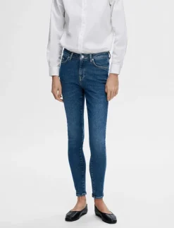 Kvinnor Selected Denimkläder|Jeans|SLFSOPHIA MW SKINNY DARK BLU JEAN U NOOS - Skinny Jeans