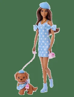 Barbie Twinning Looks Fashion Doll with Pet Dog, Matching Blue Clothes & Accessories, Brunette - Dockor|Barn Dockor & Tillbehör