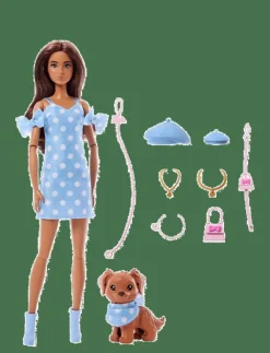 Barbie Twinning Looks Fashion Doll with Pet Dog, Matching Blue Clothes & Accessories, Brunette - Dockor|Barn Dockor & Tillbehör