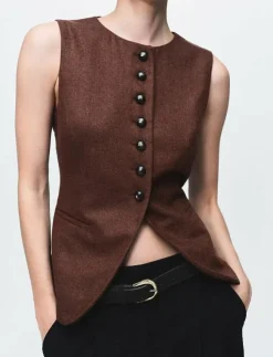 Kvinnor Mango Västar|Wool-blend gilet with buttons - Stickade västar